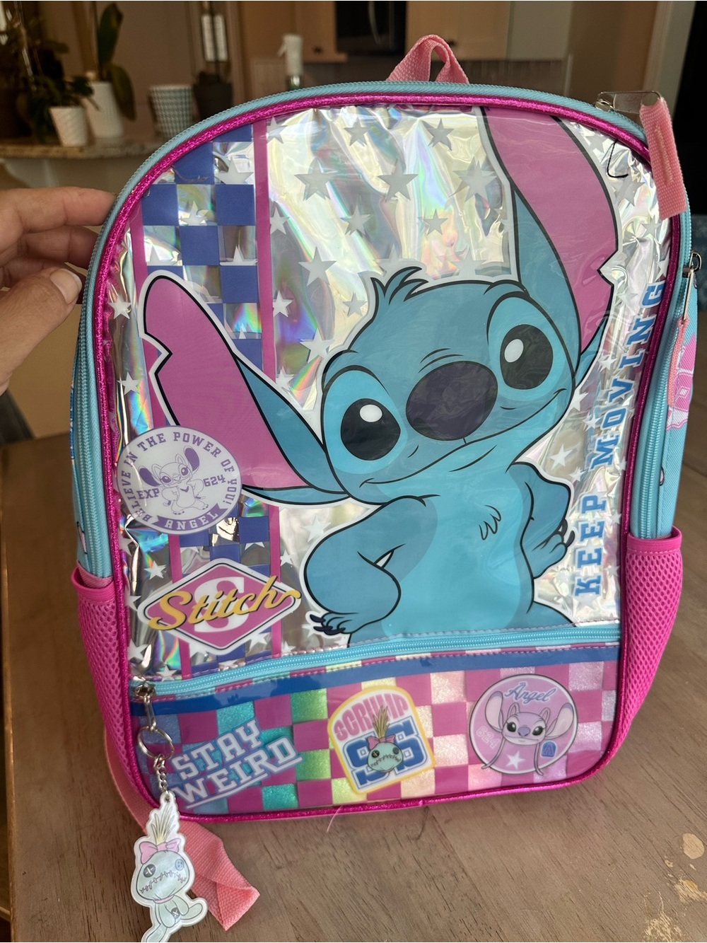 Disney Stitch Kids Backpack - Pink & Blue Holographic Front